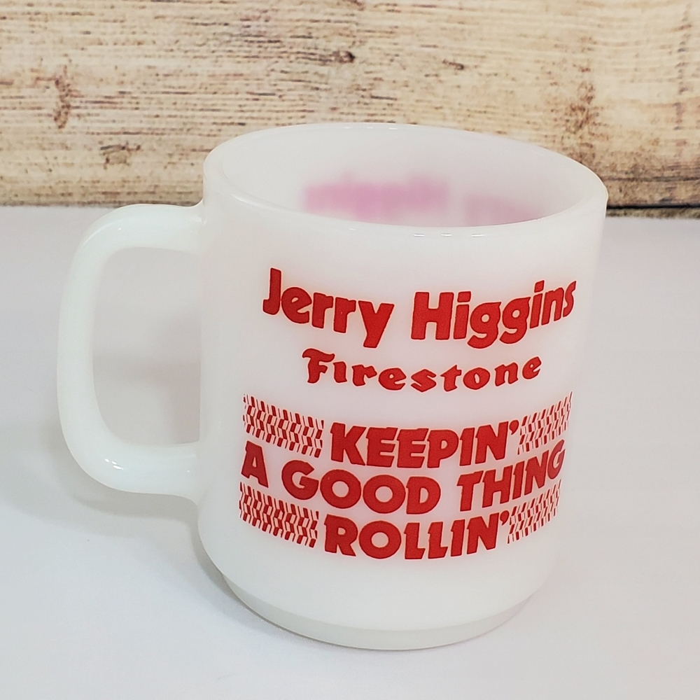 Jerry Higgings Firestone Milk Glass mug
